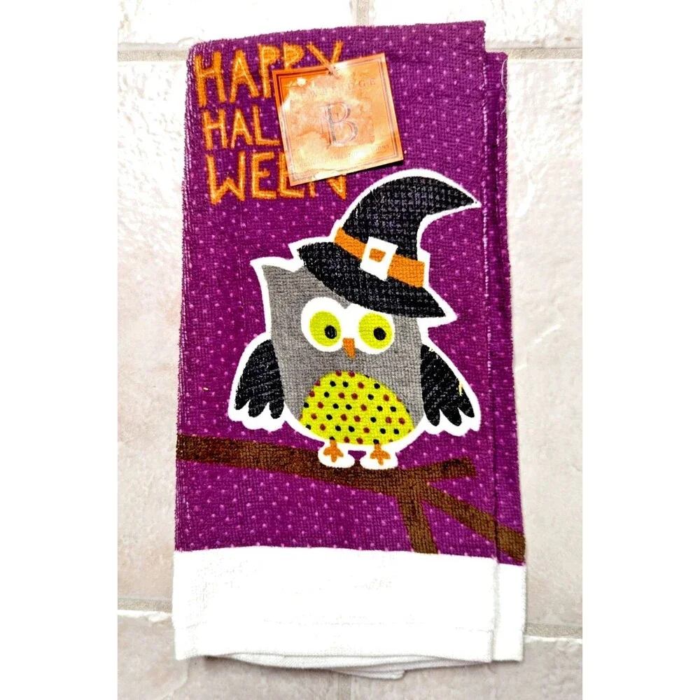 Happy Halloween Owl on Branch Kitchen Towels 2-pc Black Hat Purple Gray Bird